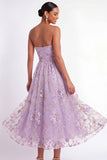 English Rose Floral Embroidered Strapless A Line Midi Wedding Guest Dress