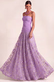 Lilac Floral Embroidered Drape Waist A Line Maxi Wedding Guest Dress