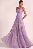 Lilac Floral Embroidered Drape Waist A Line Maxi Wedding Guest Dress