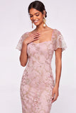 English Rose Floral Sheath Flutter Sleeves Long Wedding Guest Dress