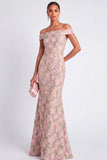 Pink and Green Floral Mermaid Jacquard Off the Shoulder Maxi Wedding Guest Dress