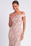 Pink and Green Floral Mermaid Jacquard Off the Shoulder Maxi Wedding Guest Dress