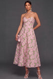 Floral Pink and Green A Line Sweetheart Long Wedding Guest Dress