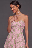 Floral Pink and Green A Line Sweetheart Long Wedding Guest Dress