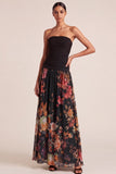 Black Floral A Line Strapless Long Wedding Guest Dress