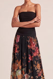 Black Floral A Line Strapless Long Wedding Guest Dress