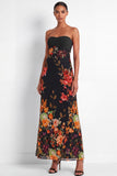 Black Floral A Line Long Strapless Wedding Guest Dress