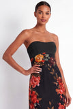 Black Floral A Line Long Strapless Wedding Guest Dress