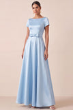 A Line Light Blue Satin Short Sleeves Long Wedding Guest Dress