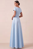 A Line Light Blue Satin Short Sleeves Long Wedding Guest Dress
