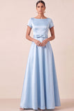 A Line Light Blue Satin Short Sleeves Long Wedding Guest Dress
