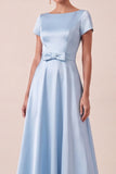 A Line Light Blue Satin Short Sleeves Long Wedding Guest Dress