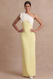 Light Yellow Sheath One Shoulder Long Wedding Guest Dress with Bow