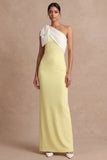 Light Yellow Sheath One Shoulder Long Wedding Guest Dress with Bow