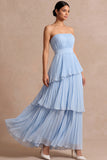 Light Blue Strapless A Line Tiered Long Wedding Guest Dress