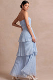 Light Blue Strapless A Line Tiered Long Wedding Guest Dress