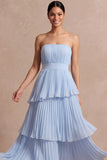 Light Blue Strapless A Line Tiered Long Wedding Guest Dress