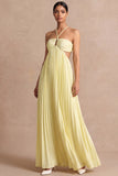 Light Yellow Cross Halter A Line Pleated Long Summer Wedding Guest Dress