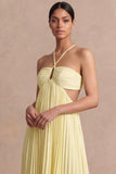 Light Yellow Cross Halter A Line Pleated Long Summer Wedding Guest Dress