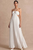 Light Yellow Cross Halter A Line Pleated Long Summer Wedding Guest Dress