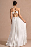Light Yellow Cross Halter A Line Pleated Long Summer Wedding Guest Dress