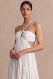 Light Yellow Cross Halter A Line Pleated Long Summer Wedding Guest Dress