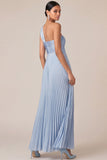Light Blue One Shoulder A Line Empire Waist Pleated Long Wedding Guest Dress