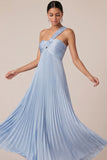 Light Blue One Shoulder A Line Empire Waist Pleated Long Wedding Guest Dress