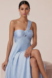 Light Blue One Shoulder A Line Empire Waist Pleated Long Wedding Guest Dress