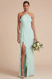 Sage Green Halter Ruffled Chiffon Long Wedding Guest Dress with Slit