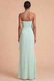 Sage Green Halter Ruffled Chiffon Long Wedding Guest Dress with Slit