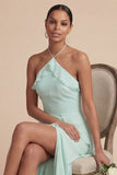Sage Green Halter Ruffled Chiffon Long Wedding Guest Dress with Slit