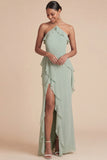 Sage Green Halter Ruffled Chiffon Long Wedding Guest Dress with Slit