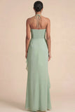 Sage Green Halter Ruffled Chiffon Long Wedding Guest Dress with Slit