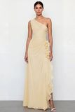Light Yellow Ruched One Shoulder Long Wedding Guest Dress with Ruffles