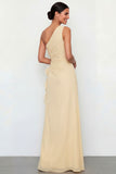 Light Yellow Ruched One Shoulder Long Wedding Guest Dress with Ruffles