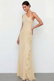 Light Yellow Ruched One Shoulder Long Wedding Guest Dress with Ruffles