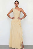 Light Yellow Ruched One Shoulder Long Wedding Guest Dress with Ruffles