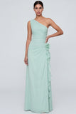 Light Yellow Ruched One Shoulder Long Wedding Guest Dress with Ruffles