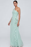 Light Yellow Ruched One Shoulder Long Wedding Guest Dress with Ruffles