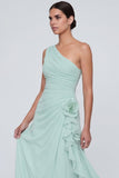 Light Yellow Ruched One Shoulder Long Wedding Guest Dress with Ruffles