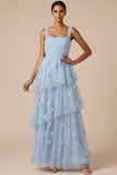 Light Blue A Line Appliqued Long Wedding Guest Dress