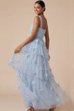 Light Blue A Line Appliqued Long Wedding Guest Dress