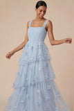 Light Blue A Line Appliqued Long Wedding Guest Dress