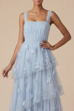Light Blue A Line Appliqued Long Wedding Guest Dress