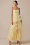 Light Yellow A Line Strapless Long Wedding Guest Dress