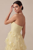 Light Yellow A Line Strapless Long Wedding Guest Dress