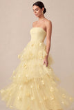 Light Yellow A Line Strapless Long Wedding Guest Dress