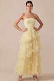 Light Yellow A Line Strapless Long Wedding Guest Dress