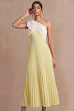 One Shoulder Light Yellow Pleated Long Wedding Guest Dress